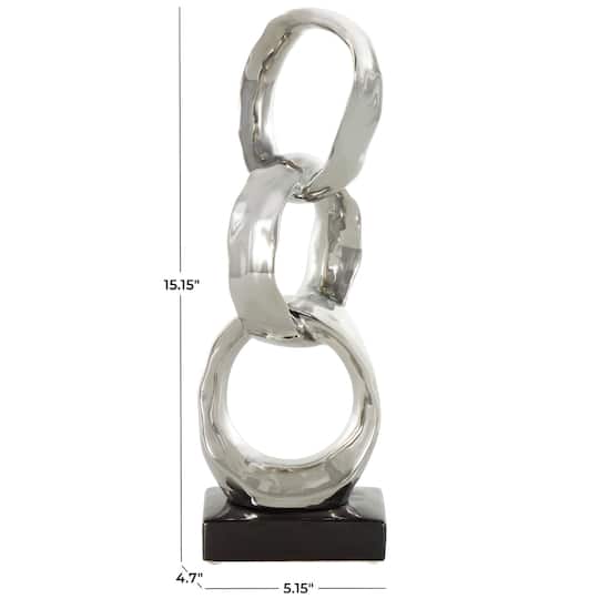 15" Silver Abstract Interlocked Rings Ceramic Sculpture with Black Base